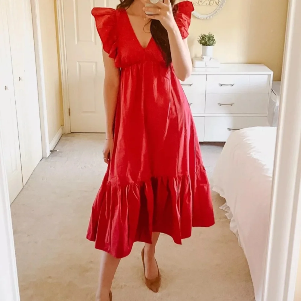 Abercrombie Maxi Red Ruffle Flutter Sleeve Dress